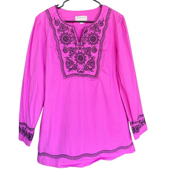 Victor Costa Occasion Tunic Womens Large Pink Black Embroidered Boho Top Shirt - Picture 1 of 9